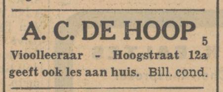 Hoogstraat 12a A.C. de Hoop vioolleraar advertentie Tubantia 15-9-1932.jpg