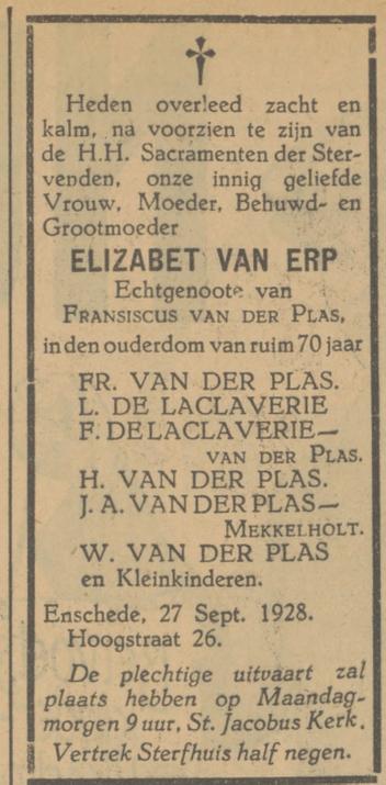 Hoogstraat 26 E. van de Plas-van Erp overlijdensadvertentie Tubantia 27-9-1928.jpg
