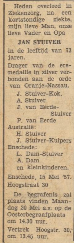 Hoogstraat 30 Jan Stuiver overlijdensadvertentie Tubantia 16-5-1957.jpg