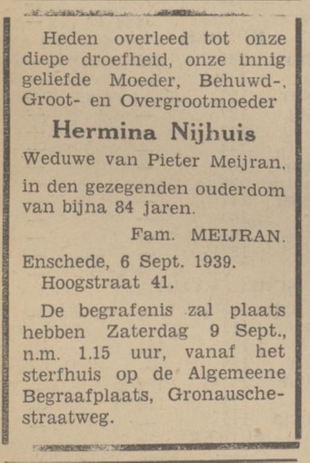 Hoogstraat 41 Wed. H. Meijran-Nijhuis overlijdensadvertentie Tubantia 7-9-1939.jpg