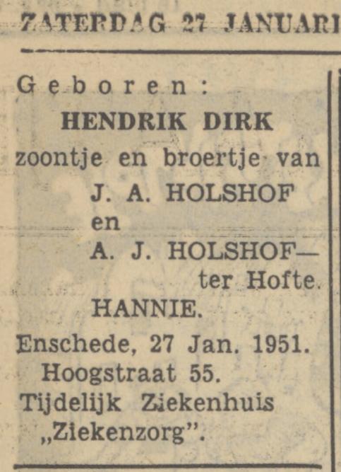 Hoogstraat 55 J.A. Holshof advertentie Tubantia 17-1-1951.jpg