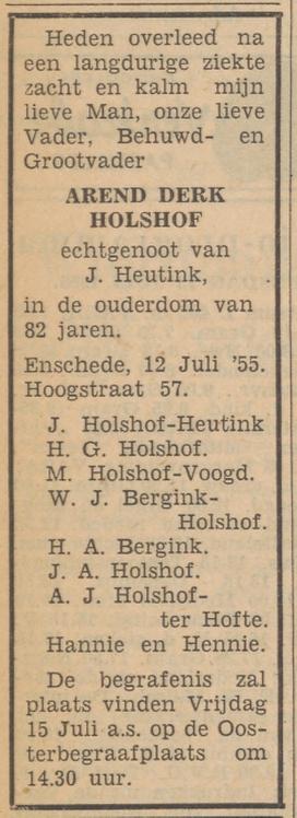 Hoogstraat 55 A.D. Holshof overlijdensadvertentie Tubantia 12-7-1955.jpg
