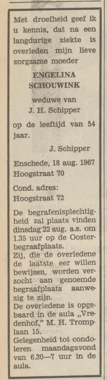 Hoogstraat 70 Engelina Schouwink overlijdensadvertentie Tubantia 21-8-1967.jpg
