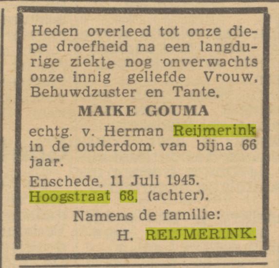 Hoogstraat 68 M Reijmerink-Gouma overlijdensadvertentie De Waarheid 12-7-1945.jpg