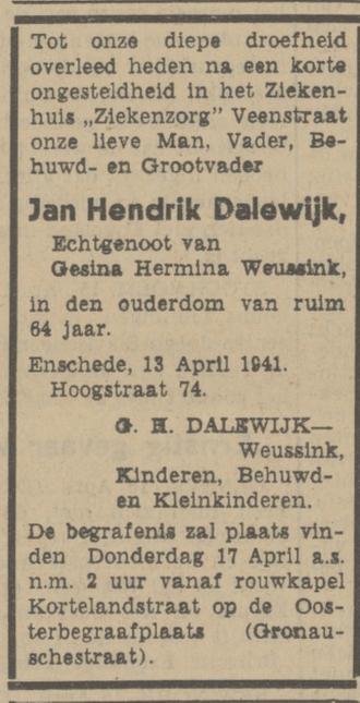 Hoogstraat 74 J.H. Dalewijk overlijdensadvertentie Tubantia 15-4-1941.jpg