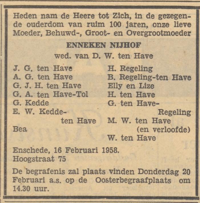 Hoogstraat 75 Wed. E. ten Have-Nijhof overlijdensadvertentie Tubantia 17-2-1958.jpg