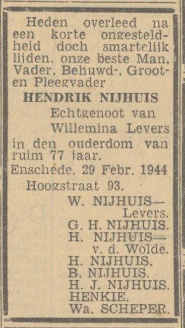 Hoogstraat 93 Hendrik Nijhuis overlijdensadvertentie Twentsch nieuwsblad 2-3-1944.jpg