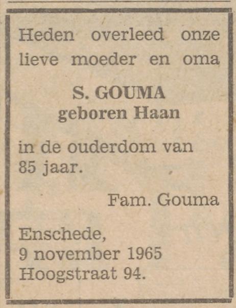 Hoogstraat 94 S. Gouma-Haan overlijdensadvertentie Tubantia 10-11965.jpg