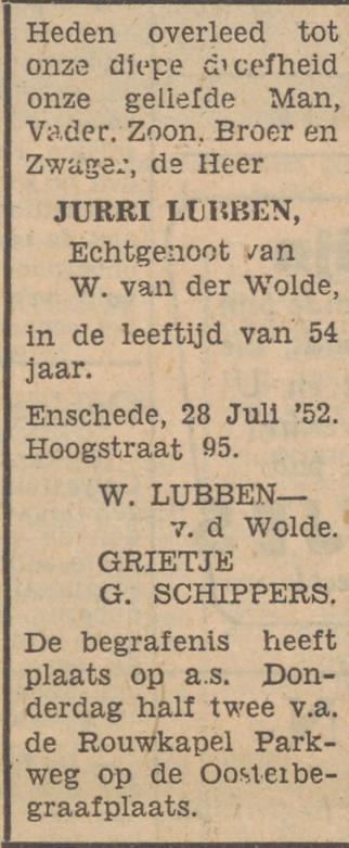 Hoogstraat 95 J. Lubben overlijdensadvertentie Tubantia 28-7-1952.jpg