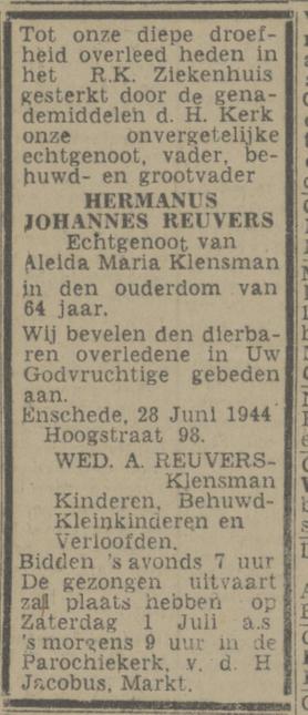 Hoogstraat 98 H.J. Reuvers overlijdensadvertentie Twentsch nieuwsblad 29-6-1944.jpg