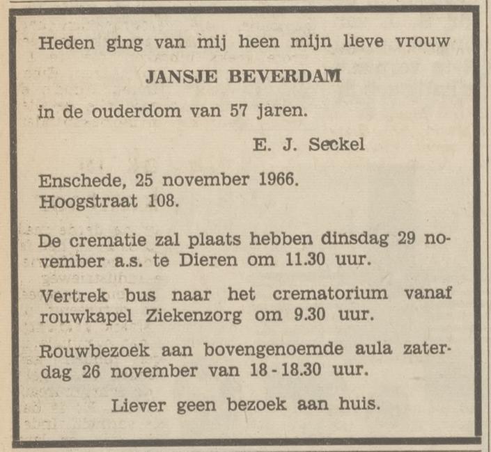 Hoogstraat 108 J. Seckel-Beverdam overlijdensadvertentie Tubantia 25-11-1966.jpg