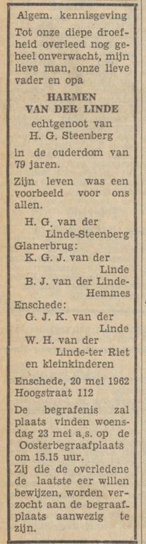 Hoogstraat 112 H. van der Linde overlijdensadvertentie Tubantia 21-5-1962.jpg