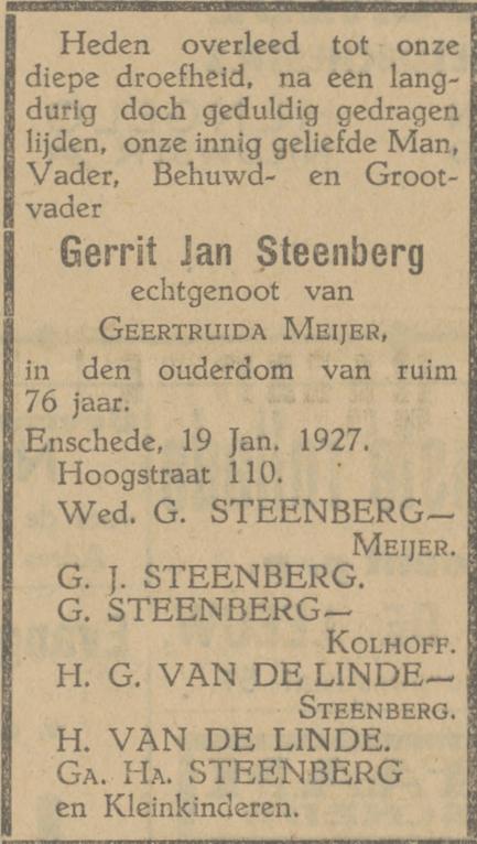 Hoogstraat 110 G.J. Steenberg overlijdensadvertentie Tubantia 20-1927.jpg