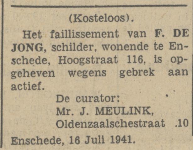 Hoogstraat 116 F. de Jong schilder advertentie Tubantia 16-7-1941.jpg