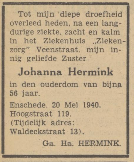 Hoogstraat 119 Johanna Hermink overlijdensadvertentie Tubantia 21-5-1940.jpg