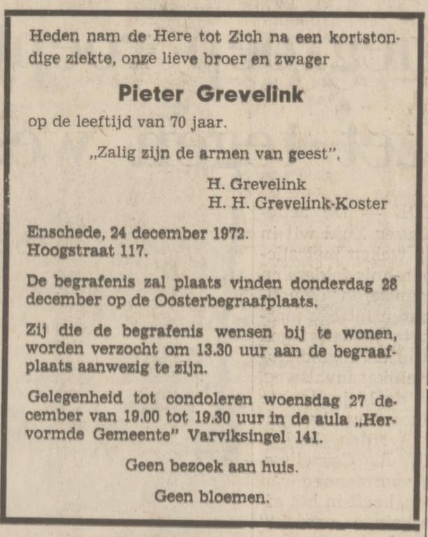 Hoogstraat 117 Pieter Grevelink overlijdensadvertentie Tubantia 23-12-1972.jpg