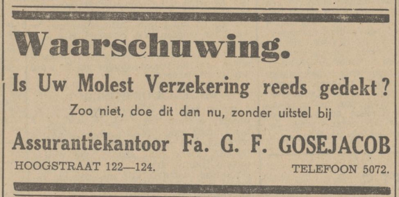 Hoogstraat 122-124 Fa. G.F. Gosejacob Woningbureau advertentie Tubantia 13-3-1942.jpg