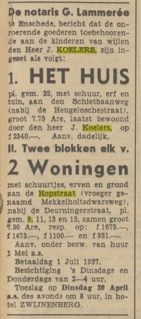 Mekkelholtsweg 9 vroeger genaamd Mekkelholtswdwarsweg J. Koelers advertentie Tubantia 10-4-1937.jpg