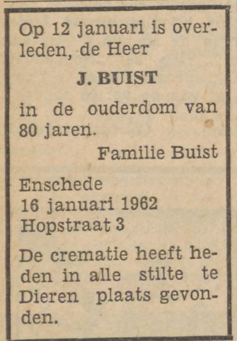 Hopstraat 3 J. Buist overlijdensadvertentie Tubantia 16-1-1962.jpg
