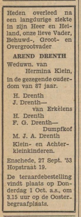 Hoogstraat 19 Arend Drenth overlijdensadvertentie Tubantia 28-9-1953.jpg