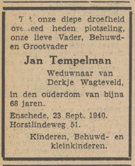 Horstlindeweg 51 Jan Tempelman overlijdensadvertentie Tubantia 24-9-1940.jpg