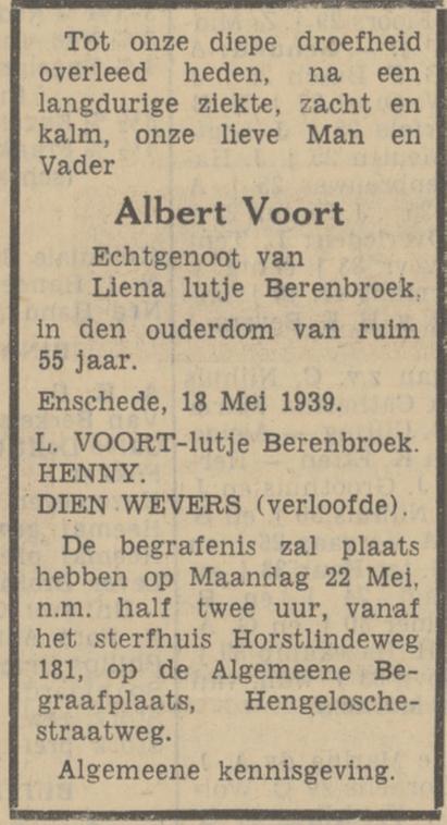 Horstlindeweg 181 Albert Voort overlijdensadvertentie Tubantia 19-5-1939.jpg