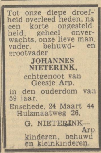 Hulsmaatweg 26 Johannes Nieterink overlijdensadvertentie Twentsch nieuwsblad 25-2-1944.jpg