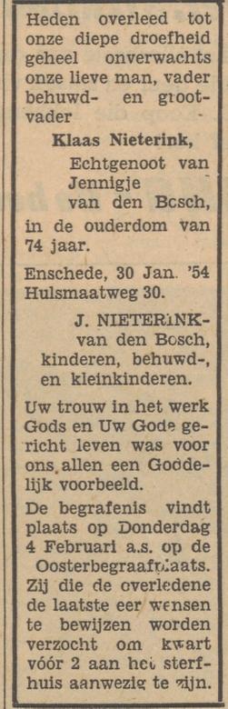 Hulsmaatweg 30 Klaas Nieterink overlijdensadvertentie Tubantia 1-2-1954.jpg