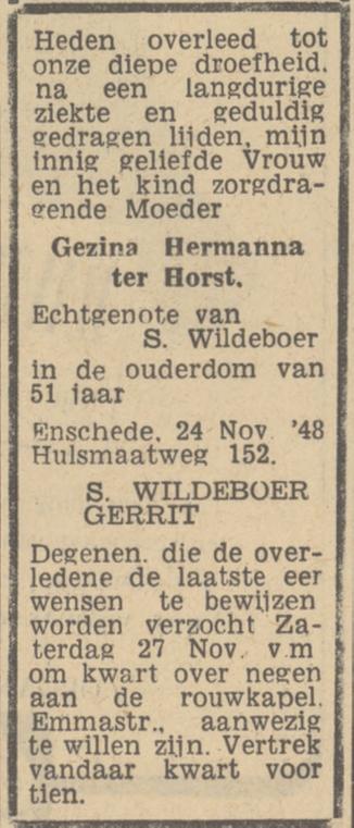 Hulsmaatweg 152 G.H. Wildeboer-ter Horst overlijdensadvertentie Tubantia 25-11-1948.jpg