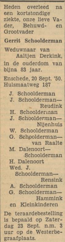 Hulsmaatweg 187 Gerrit Schoolderman overlijdensadvertentie Tubantia 21-4-1950.jpg