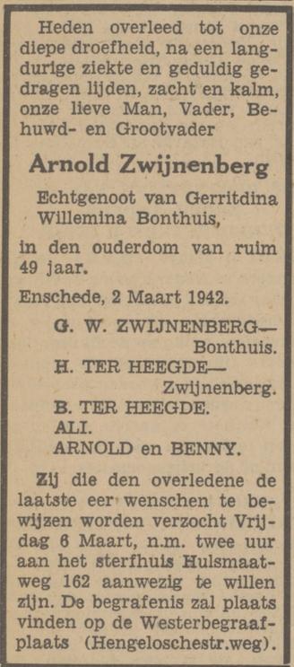 Hulsmaatweg 162 A. Zwijnenberg overlijdensadvertentie Tubantia 4-3-1942.jpg