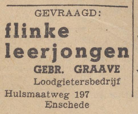 Hulsmaatweg 197 Loodgietersbedrijf Gebr. Graave advertentie Twentsche courant 21-7-1953.jpg