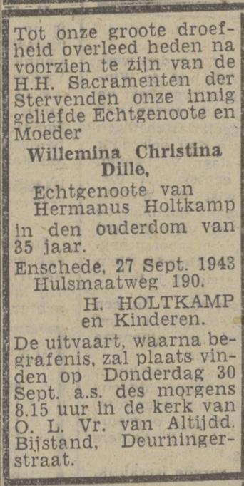 Hulsmaatweg 190 W.C. Holtkamp-Dille overlijdensadvertentie Tubantia 28-9-1943.jpg