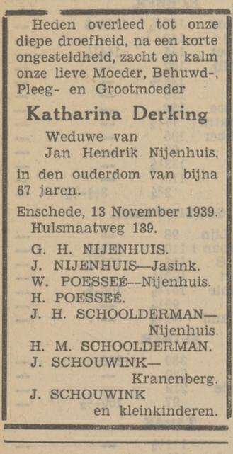 Hulsmaatweg 189 Wed. K. Nijenhuis-Derking overlijdensadvertentie Tubantia 13-11-1939.jpg