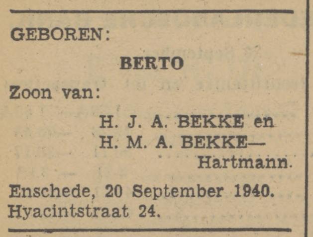 Hyacintstraat 24 H.J.A. Bekke advertentie Tubantia 20-9-1940.jpg