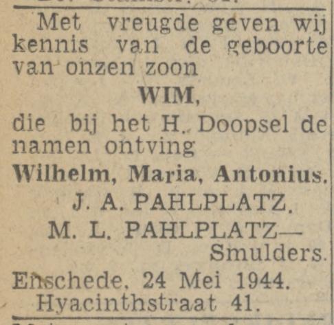 Hyacinthstraat 41 M.L. Pahlplatz-Smulders advertentie Twentsch nieuwsblad 25-5-1944.jpg