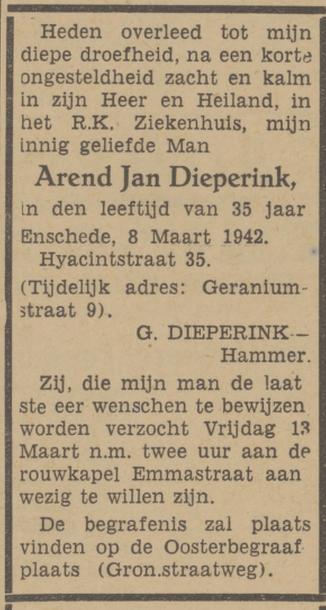 Hyacintstraat 35 A.J. Dieoerink overlijdensadvertentie Tubantia 10-3-1942.jpg