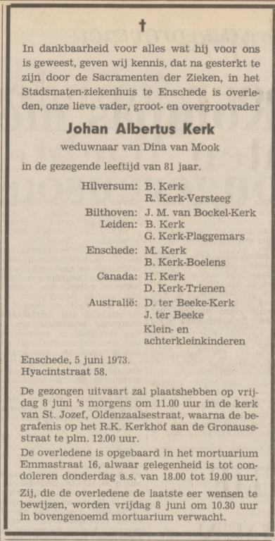 Hyacintstraat 58 J.A. Kerk overlijdensadvertentie Tubantia 8-6-1973.jpg