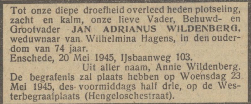 IJsbaanweg 103 J.A. Wildenberg overlijdensadvertentie Het Parool 22-5-1945.jpg