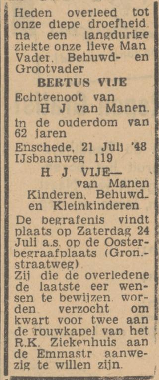 IJsbaanweg 119 Bertus Vije overlijdensadvertentie Tubantia 22-7-1948.jpg