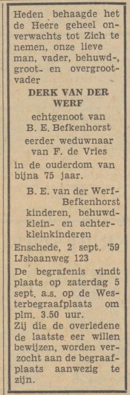 IJsbaanweg 123 Derk van der Werf overlijdensadvertentie Tubantia 4-9-1959.jpg