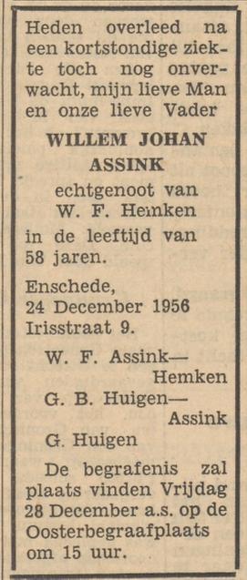 Irisstraat 9 W.J. Assink overlijdensadvertentie Tubantia 27-12-1956.jpg