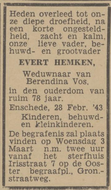 Irisstraat 7 Evert Hemken overlijdensadvertentie Twentsch nieuwsblad 1-3-1943.jpg