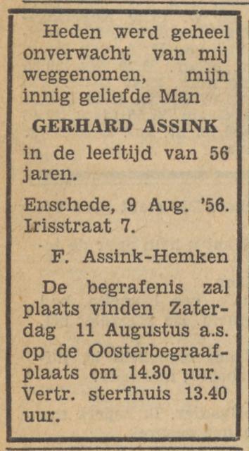 Irisstraat 7 G. Assink overlijdensadvertentie Tubantia 9-8-1956.jpg