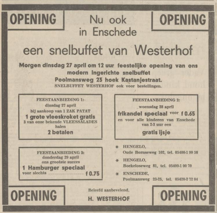 Poolmansweg 23-25 hoek Kastanjestraat snelbuffet H. Westerhof opening advertentie Tubantia 26-4-1971.jpg
