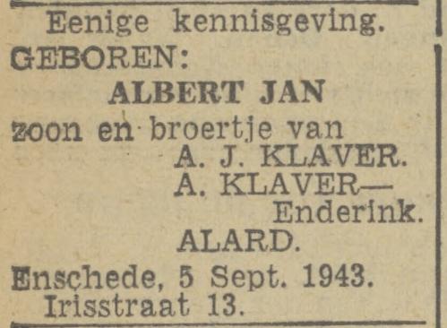 Irisstraat 13 A.J. Klaver advertentie Twentsch nieuwsblad 6-9-1943.jpg