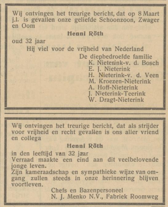 H. Roth overlijdensadvertentie Het Parool 17-4-1945.jpg
