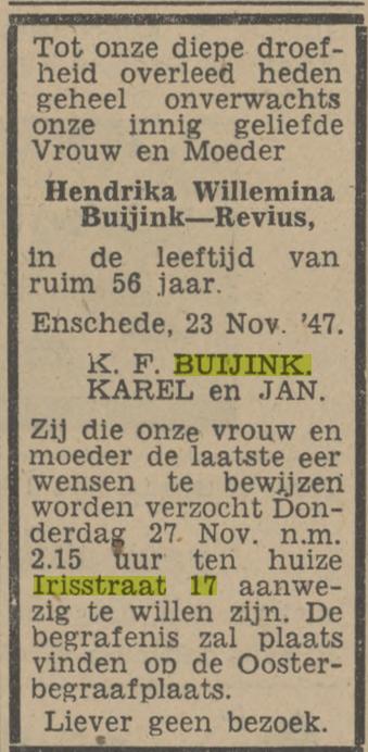 Irisstraat 17 H.W. Buijink-Revius overlijdensadvertentie Tubantia 25-11-1947.jpg