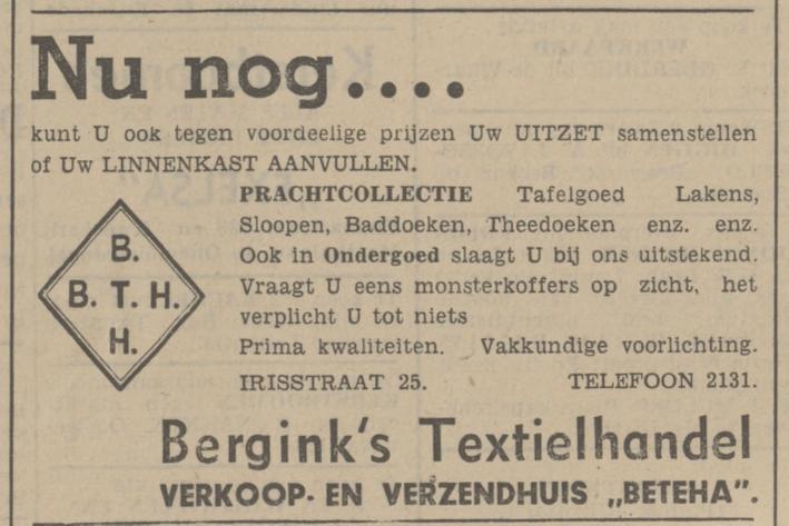 Irisstraat 25 Bergink's Textielhandel Verkoop- en Verzendhuis Beteha advertentie 16-12-1939.jpg