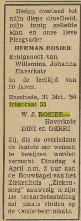 Irisstraat 33 Herman Rosier overlijdensadvertentie tubantia 31-3-1950.jpg